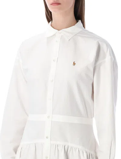 Polo Ralph Lauren Embroidered Paneled Cotton-poplin Mini Shirt Dress In White