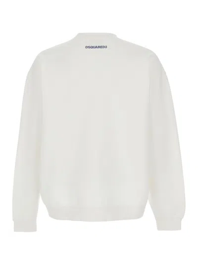 Dsquared2 Men White Crew Neck Sweater With Print On The Front In Cotton Man In White