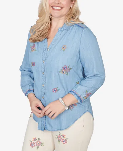 Alfred Dunner Plus Size Beachcomber Floral Embroidered Button Front Closure Top In Blue