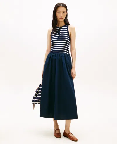 Tommy Hilfiger Sleeveless Dress Gold Buttons Striped Skirt In Blue