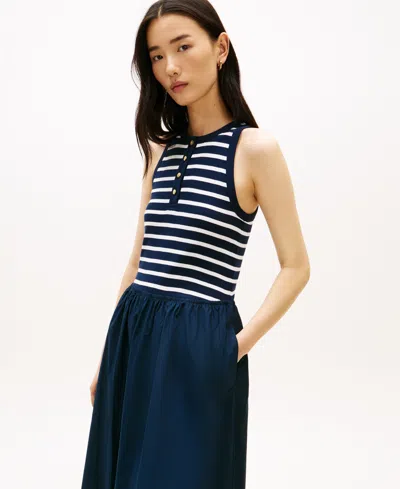 Tommy Hilfiger Sleeveless Dress Gold Buttons Striped Skirt In Blue