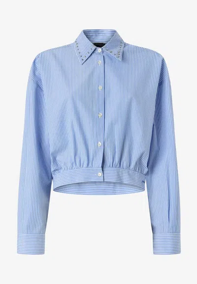Pinko Charita Light Blue Shirt With Embellished Classic Collar And All-over Striped Motif In Cotton Woman