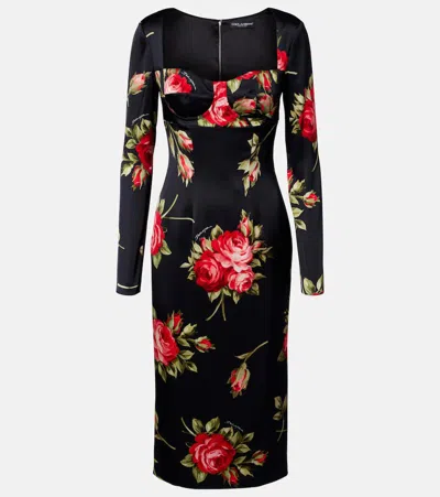 Dolce & Gabbana Rose-print Satin Long-sleeve Midi Dress In Black