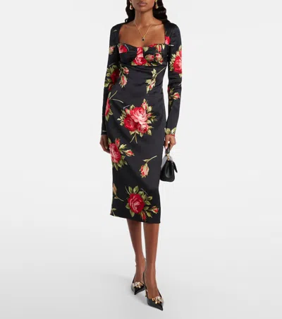 Dolce & Gabbana Rose-print Satin Long-sleeve Midi Dress In Black