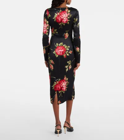 Dolce & Gabbana Rose-print Satin Long-sleeve Midi Dress In Black