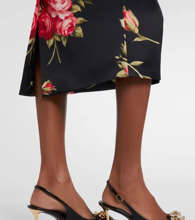 Dolce & Gabbana Rose-print Satin Long-sleeve Midi Dress In Black
