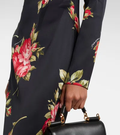Dolce & Gabbana Rose-print Satin Long-sleeve Midi Dress In Black