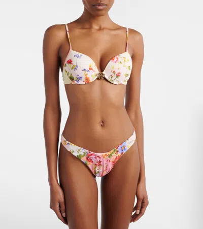Roberto Cavalli Floral-print Logo-plaque Bikini Bottoms In Pink