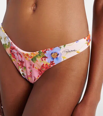 Roberto Cavalli Floral-print Logo-plaque Bikini Bottoms In Pink