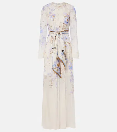Zimmermann Luna Belted Printed Silk Satin-trimmed Chiffon Maxi Dress In Multi