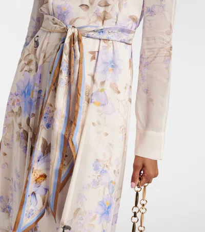 Zimmermann Luna Belted Printed Silk Satin-trimmed Chiffon Maxi Dress In Multi