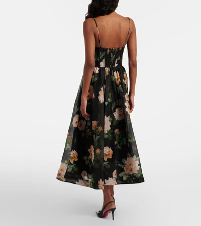 Zimmermann Luna Floral-print Linen And Silk-blend Midi Dress In Black