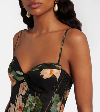 Zimmermann Luna Floral-print Linen And Silk-blend Midi Dress In Black