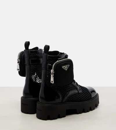 Prada Leather-trimmed Mesh Combat Boots In Black