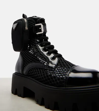 Prada Leather-trimmed Mesh Combat Boots In Black