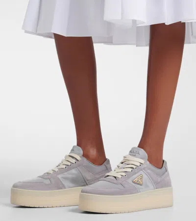 Prada Downtown Bold Suede Platform Sneakers In Gray