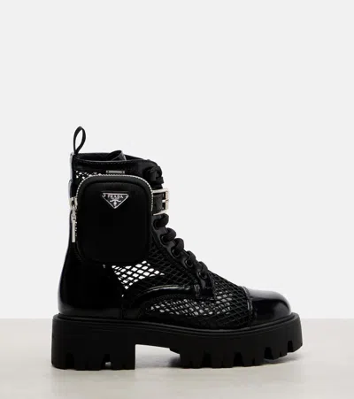 Prada Leather-trimmed Mesh Combat Boots In Black