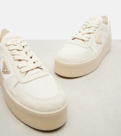 Prada Sand Fabric And Suede Downtown Bold Sneakers In White