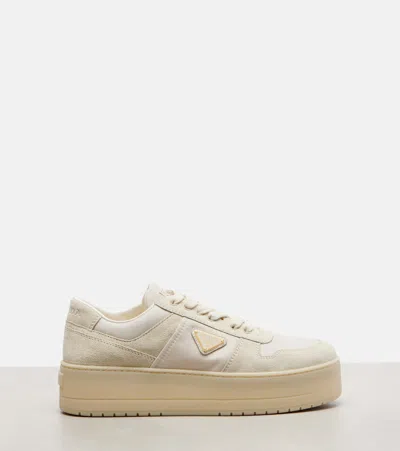Prada Sand Fabric And Suede Downtown Bold Sneakers In White