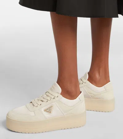 Prada Sand Fabric And Suede Downtown Bold Sneakers In White