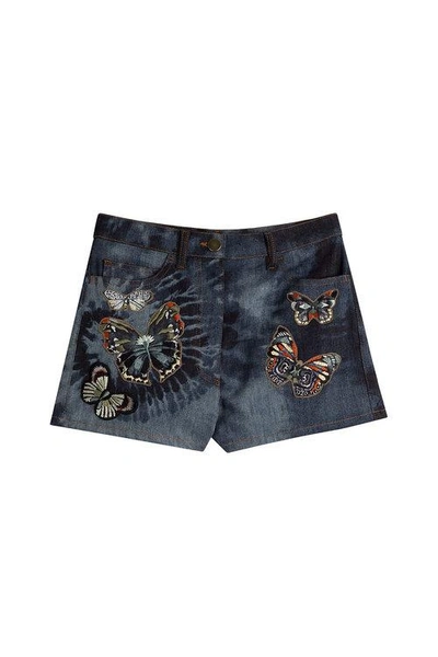 Valentino Denim Shorts With Embroidered Butterflies In Black