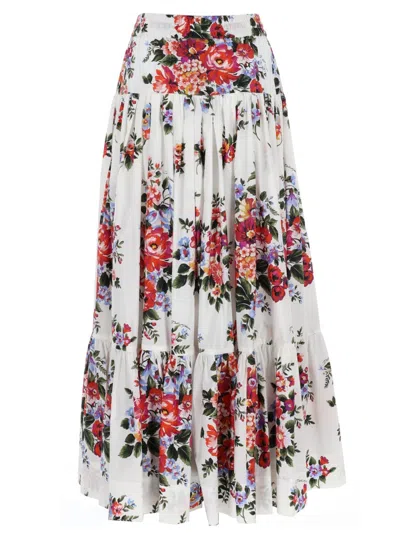 Dolce & Gabbana White Long Skirt With Floral Print And Elasticated Waistband In Cotton Woman