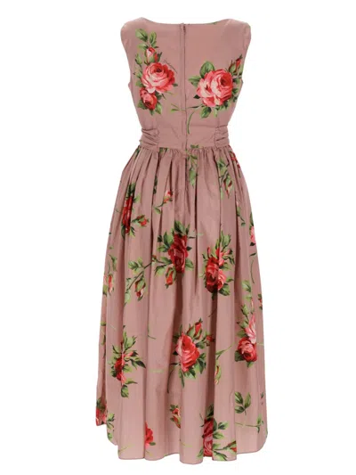Dolce & Gabbana Abito Midi In Cotone Rosa Con Stampa Fiori Dolce E Gabbana In Pink