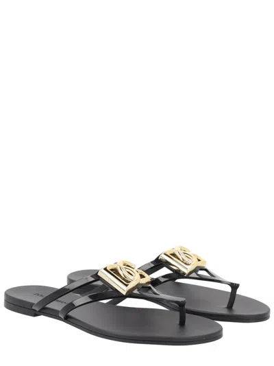 Dolce & Gabbana Black Thong Sandals With Logo Plaque On The Front In Rubber Woman
