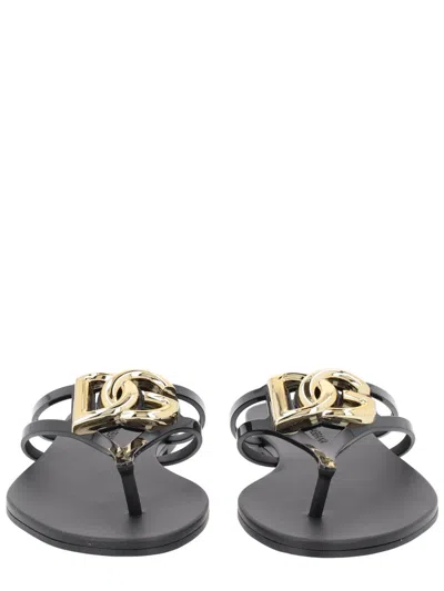 Dolce & Gabbana Black Thong Sandals With Logo Plaque On The Front In Rubber Woman