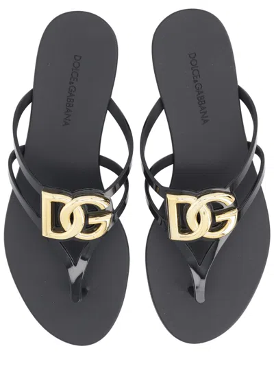 Dolce & Gabbana Black Thong Sandals With Logo Plaque On The Front In Rubber Woman