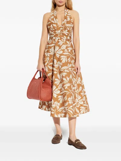 Max Mara Halterneck Printed Cotton Midi Dress In Brown