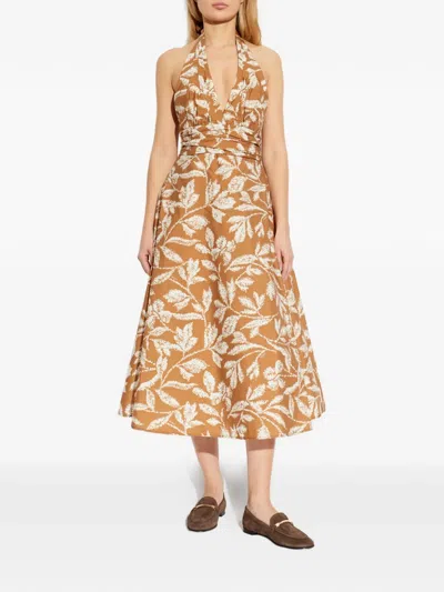 Max Mara Halterneck Printed Cotton Midi Dress In Brown