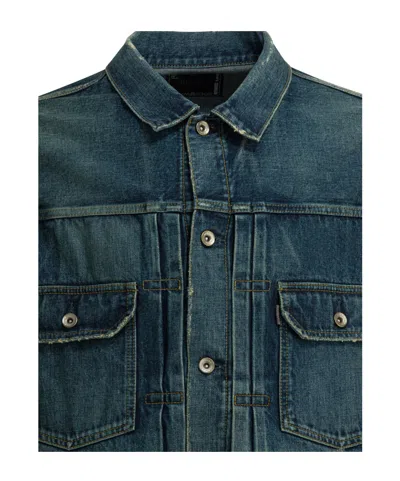 Sacai Checked-lining Denim Jacket In Green