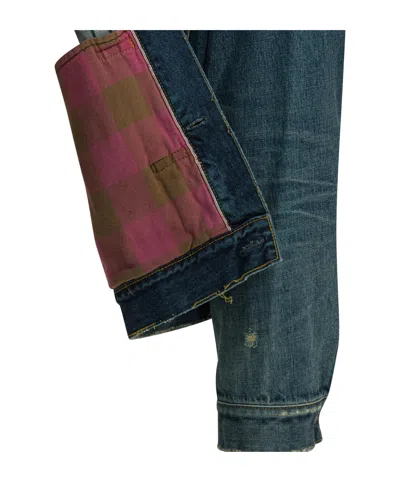 Sacai Checked-lining Denim Jacket In Green