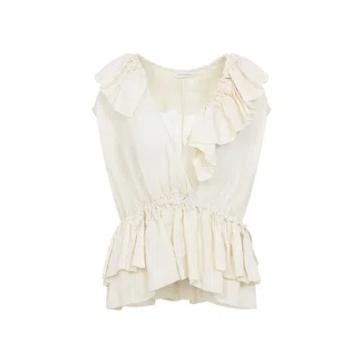 Dries Van Noten Sleeveless Top Elastic Waist Ruffled Neckline In White