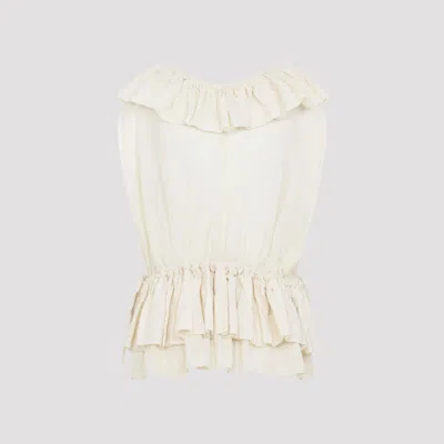 Dries Van Noten Sleeveless Top Elastic Waist Ruffled Neckline In White