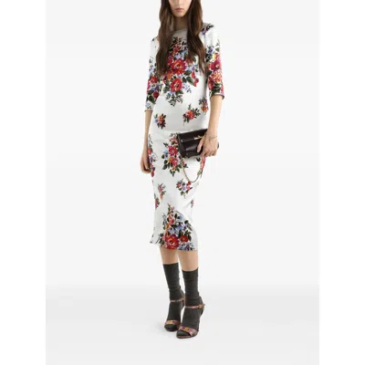 Dolce & Gabbana Mazzo Di Fiori Midi Dress Long Sleeves In Neutral