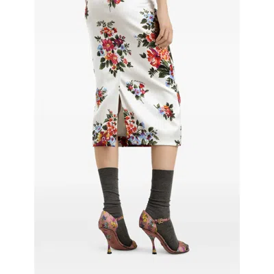 Dolce & Gabbana Mazzo Di Fiori Midi Dress Long Sleeves In Neutral