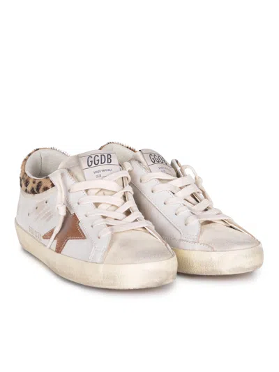Golden Goose Super-star Sneakers In Suede With Worn Effect And Leopard Print Hairy Cow In White