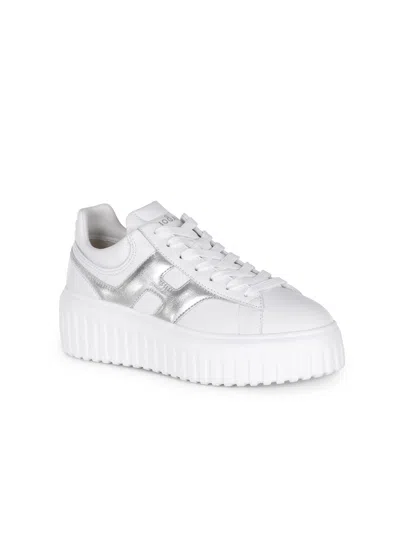 Hogan Women Silver H-stripes Leather Sneakers, 7.5 Luxury Sneakers For Women Darveys In White