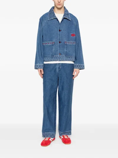 Bode Embroidered Merino Wool-blend Denim Jacket In Blue
