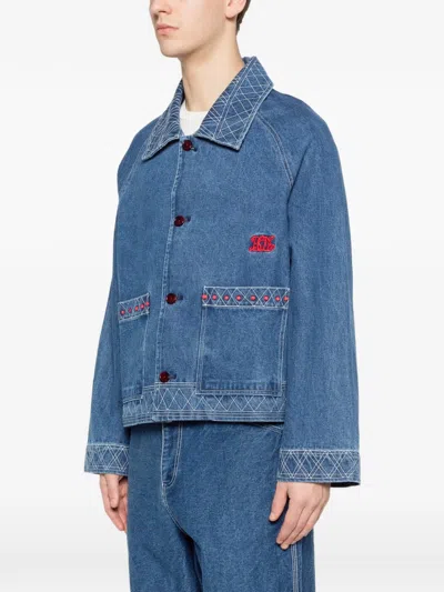 Bode Embroidered Merino Wool-blend Denim Jacket In Blue