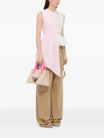 Msgm Tote Bag Rectangular Shape Top Handles Print In Neutral