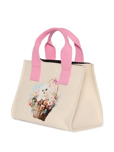 Msgm Tote Bag Rectangular Shape Top Handles Print In Neutral