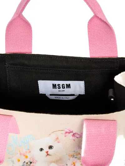 Msgm Tote Bag Rectangular Shape Top Handles Print In Neutral