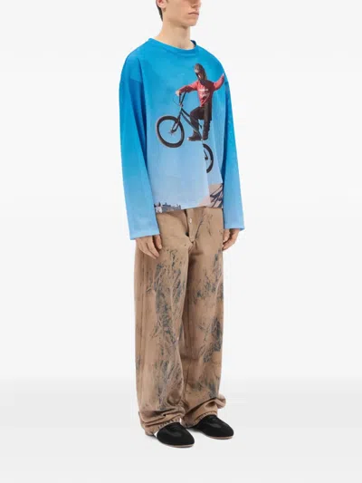 Msgm Long-sleeve Printed T-shirt In Blue