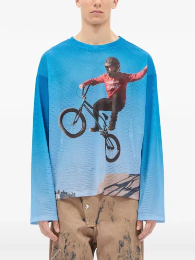 Msgm Long-sleeve Printed T-shirt In Blue