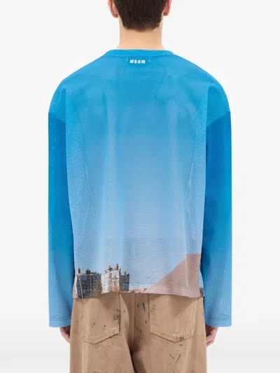 Msgm Long-sleeve Printed T-shirt In Blue