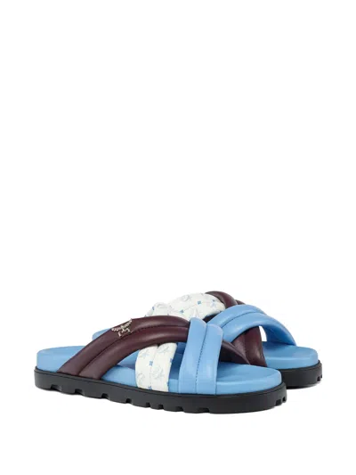 Mcm Monogram Cross Sandals In Lamb Leather In Blue