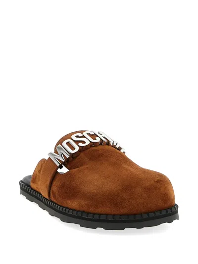 Moschino Lettering Logo-strap Mules In Brown